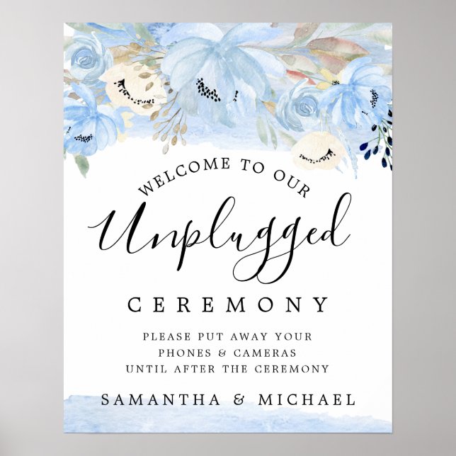 Blue Gold Floral Unplugged Wedding Zeremony Sign Poster (Vorne)