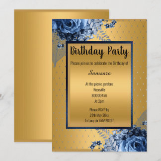 BLUE GOLD FLORAL VOLLDRUCKER JEDEN ANLASS GEBURTST EINLADUNG