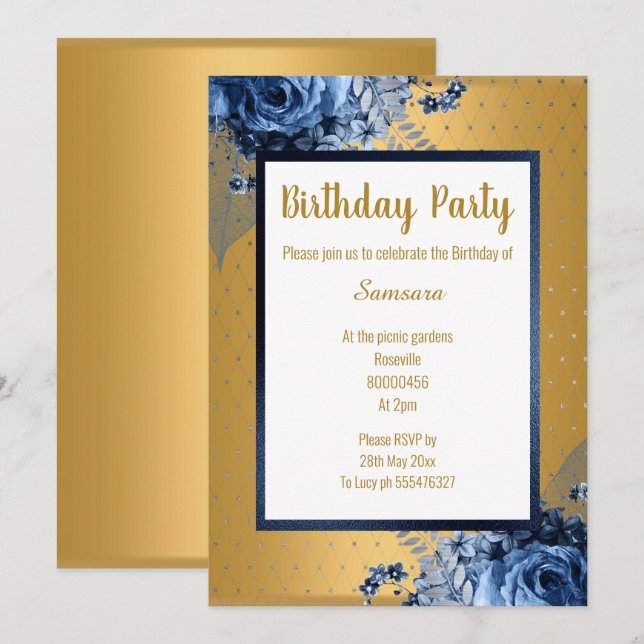 BLUE GOLD FLORAL VOLLDRUCKER JEDEN ANLASS GEBURTST EINLADUNG (Vorne/Hinten)