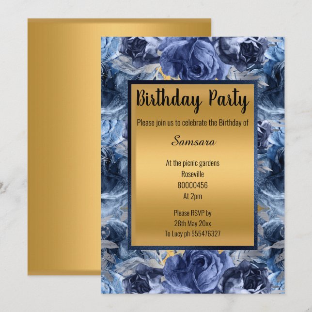 BLUE GOLD FLORAL VOLLDRUCKER JEDEN ANLASS GEBURTST EINLADUNG (Vorne/Hinten)