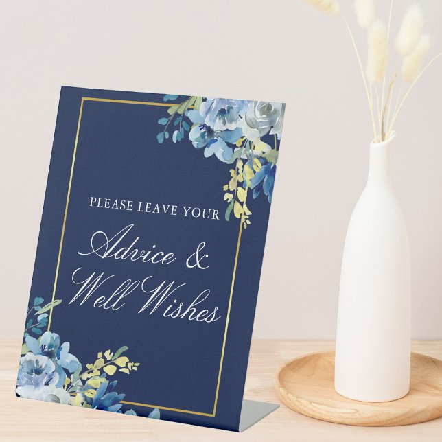 Blue Gold Floral Wedding Advice & Well Wishings Sockelschild (Von Creator hochgeladen)