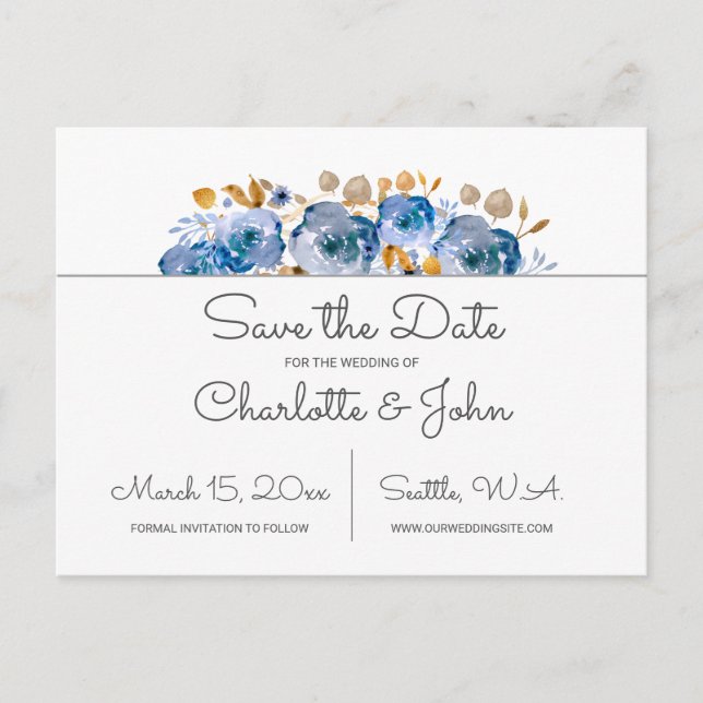 Blue Gold Floral Wedding Ankündigungspostkarte (Vorderseite)