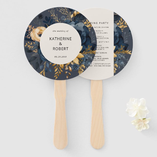 Blue Gold Floral Wedding Program Hand Fan Fächer (Vorne und Hinten)