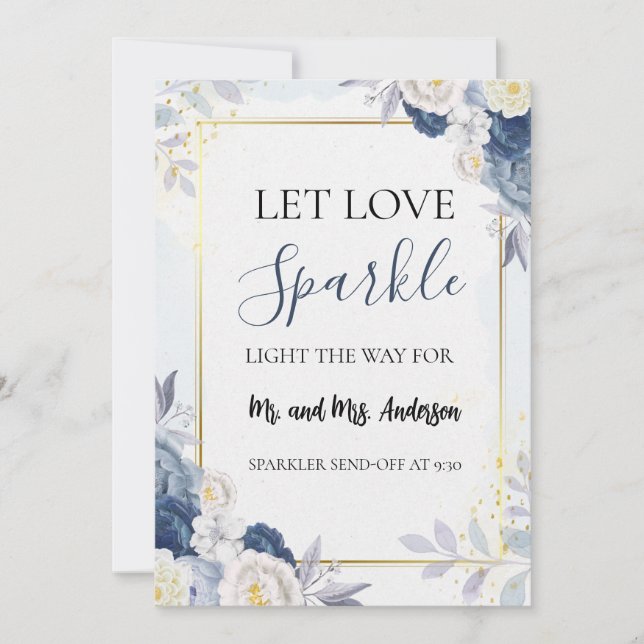 Blue Gold Floral wedelt Sparkler Abschicken Karte (Vorderseite)