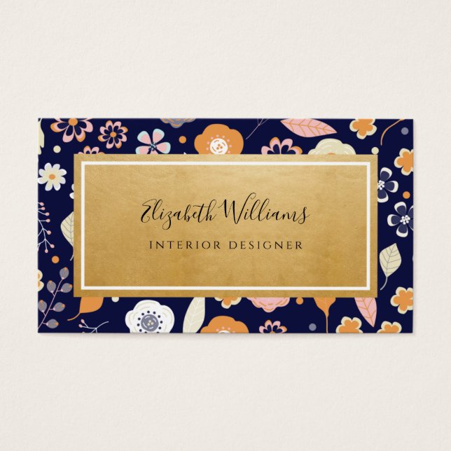 Blue Gold Florals Interior Designer Business Cards (Vorderseite)