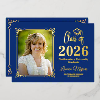 Blue Gold FOIL Class of 2026 Photo Graduation Folieneinladung