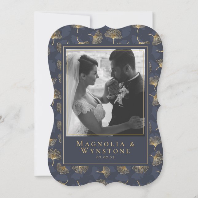 Blue Gold Foil Elegantes Foto Hochzeit Dankeskarte (Vorderseite)