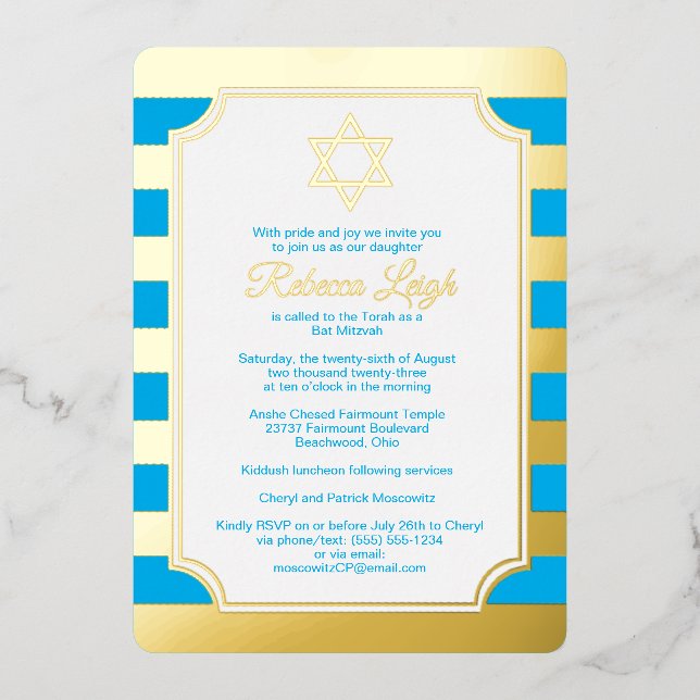 Blue, Gold Foil gestreift Star Bat Mitzvah Einladu Folieneinladung (Vorderseite)