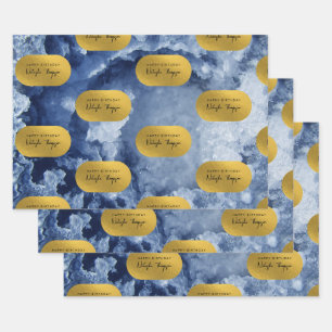 Blue Gold Foil Sea Crystals Signature Script Geschenkpapier Set