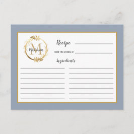Blue Gold Foliage Monogram Rezept Card Postkarte