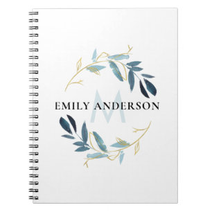 BLUE GOLD FOLIAGE WATERCOLOR WREATERMONOGRAM NOTIZBLOCK