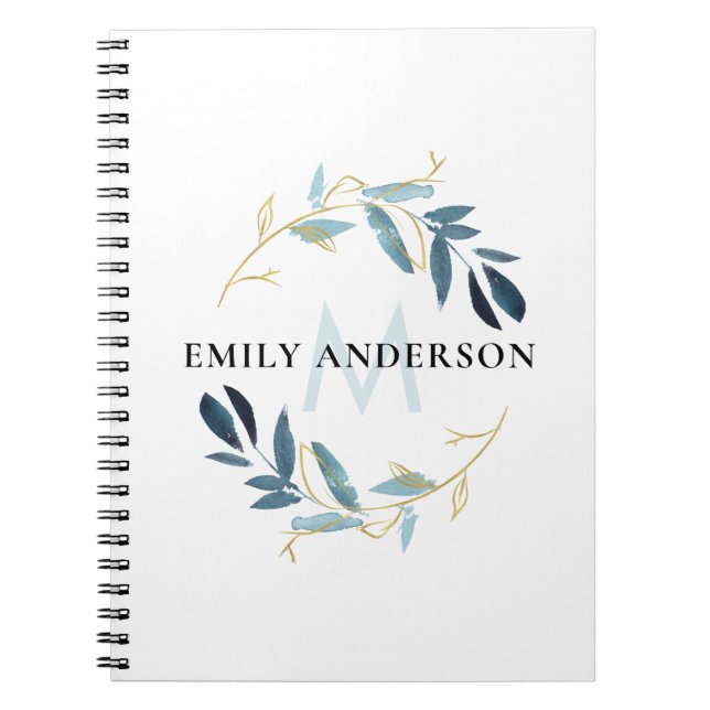 BLUE GOLD FOLIAGE WATERCOLOR WREATERMONOGRAM NOTIZBLOCK (Vorderseite)