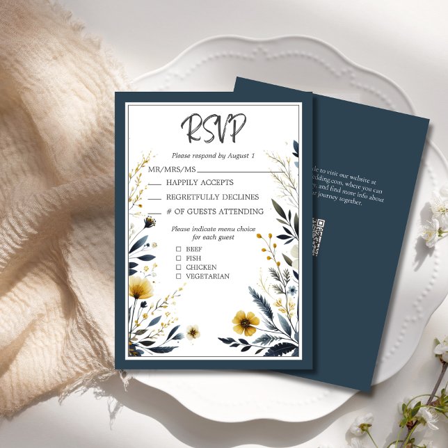 Blue Gold Formal élégant mariage floral RSVP (Blue and Yellow Wildflowers Floral Elegant Wedding RSVP Card, with QR code for wedding website.)