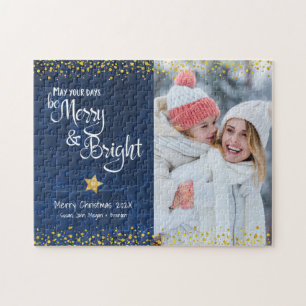 Blue Gold Foto Days Merry Bright Script Holiday