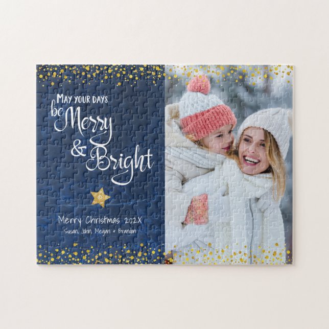 Blue Gold Foto Days Merry Bright Script Holiday (Horizontal)