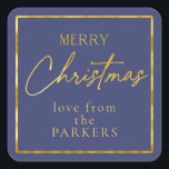 Blue Gold Frory Christmas ID1009 Quadratischer Aufkleber<br><div class="desc">Wenn Sie sich fragen, welche Farbkombinationen Sie für Ihre Weihnachtsdekoration und Geschenkartikel in diesem Jahr auswählen sollten, habe ich Sammlungen von aufeinander abgestimmten Mustern erstellt, um das Leben ein wenig leichter zu machen. Dieser 'Frohe Weihnachten' Aufkleber enthält einen dunkelblauen Hintergrund und einen goldenen Text mit einer Vorlage, um Ihren Namen...</div>