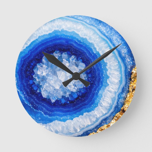 Blue Gold Geode Resin Pattern Runde Wanduhr (Vorderseite)