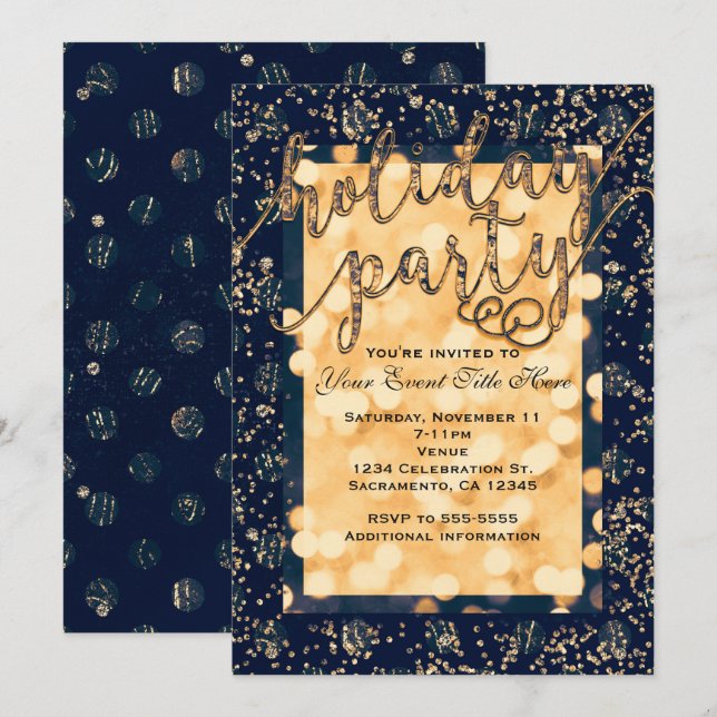 Blue & Gold Glam Dots Holiday Party Einladungen (Vorne/Hinten)
