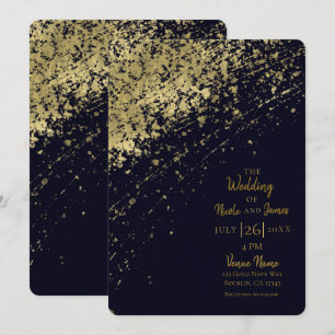 Blue & Gold Glamour Paint Spritzer Moderne Hochzei Einladung