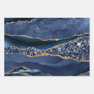 Blue Gold Glitter Achat-Marmor-Trendy  Geschenkpapier Set