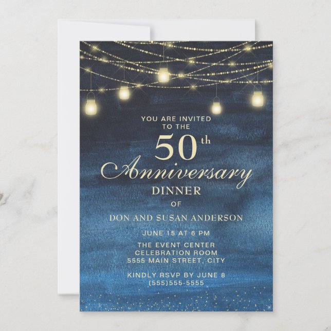 Blue Gold Glitzer 50. Hochzeitstag Einladung (Vorderseite)