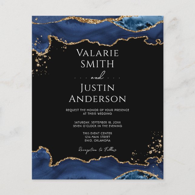 Blue Gold Glitzer Agate Hochzeitseinladung (Vorderseite)