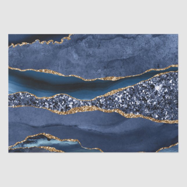 Blue Gold Glitzer Agate Marble Trendy Decoupage Seidenpapier (Vorderseite)