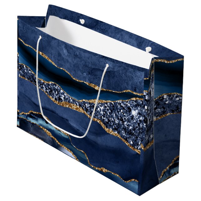 Blue Gold Glitzer Agate Marble Trendy für sie Große Geschenktüte (Vorderseite Schrägansicht)