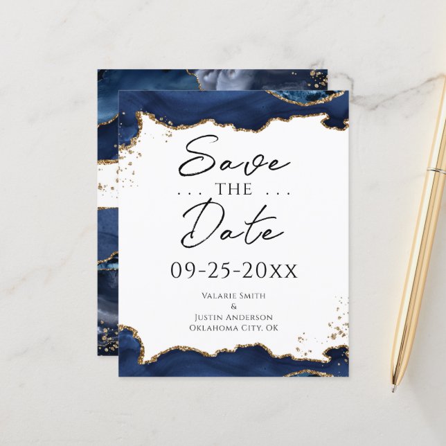 Blue Gold Glitzer Agate Save the Date (Vorderseite/Rückseite Beispiel)