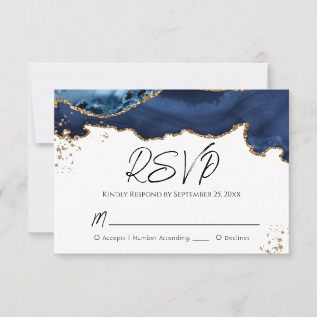 Blue Gold Glitzer Agate Stone Wedding RSVP Card Karte (Vorderseite)