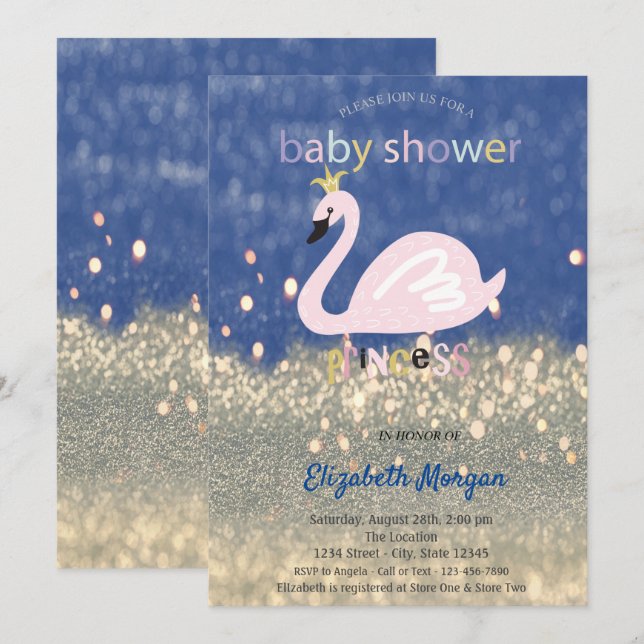 Blue, Gold Glitzer Bokeh, Swan Baby Showroom Einladung (Vorne/Hinten)