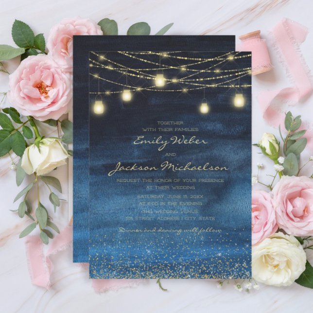 Blue Gold Glitzer Fairy Lights Hochzeit Einladung (Navy blue and gold string lights wedding invitation)