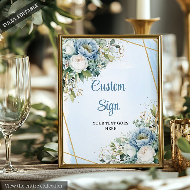 Blue Gold Glitzer Grüne Hochzeitssymbol Poster (Watercolor Blue Gold Glitter Greenery Wedding Sign)