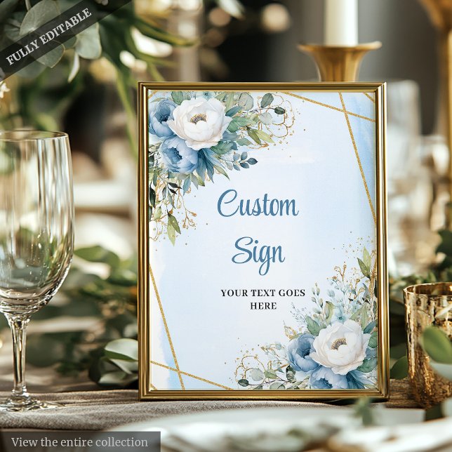 Blue Gold Glitzer Grüne Hochzeitssymbol Poster (Watercolor Blue Gold Glitter Greenery Wedding Sign)