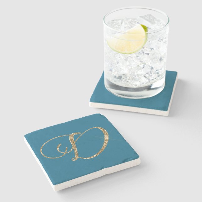 Blue Gold Glitzer Letter D Steinuntersetzer (Seitenansicht)