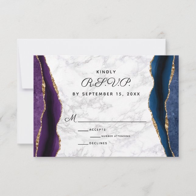 Blue Gold Glitzer Lila Agate Wedding RSVP Karte (Vorderseite)