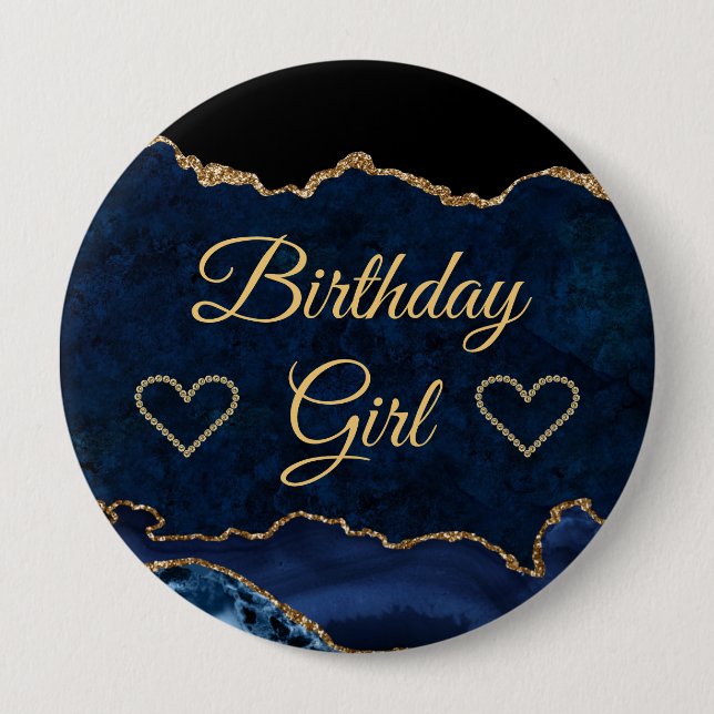Blue & Gold Glitzer Marble Agate Birthday Girl Button (Vorderseite)