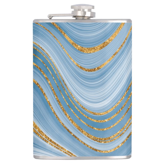 Blue Gold Glitzer Marble Elegante Abstrakt Flachmann (Vorderseite)