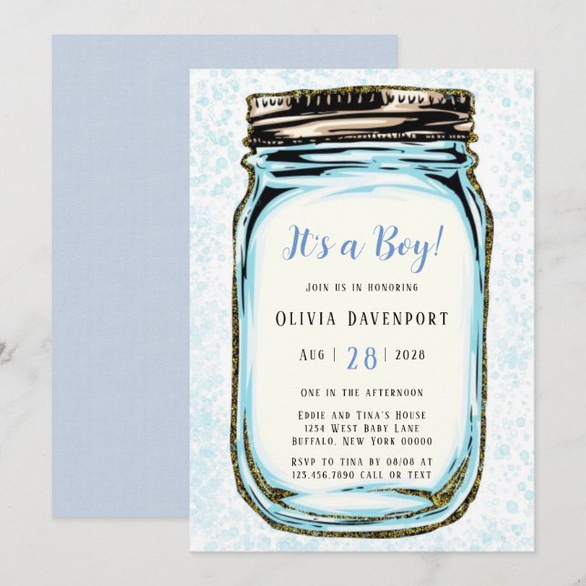 Blue Gold Glitzer Mason Jar Boy Baby Dusche Einladung (Vorne/Hinten)