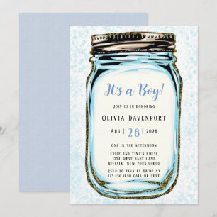 Blue Gold Glitzer Mason Jar Boy Baby Dusche Einladung