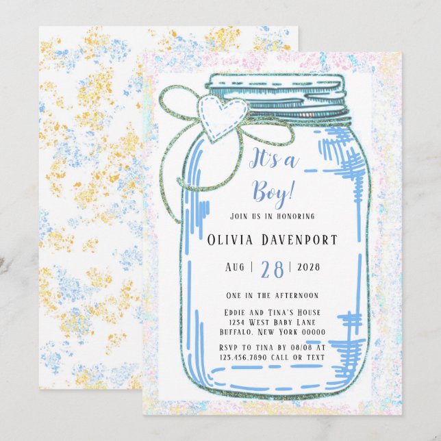 Blue Gold Glitzer Mason Jar Boy Baby Dusche Einladung (Vorne/Hinten)