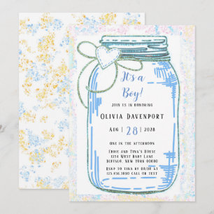 Blue Gold Glitzer Mason Jar Boy Baby Dusche Einladung