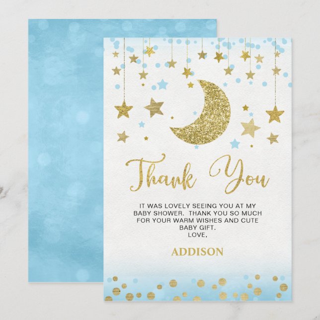 Blue Gold Glitzer Moon Baby Dusche Danke Karte (Vorne/Hinten)