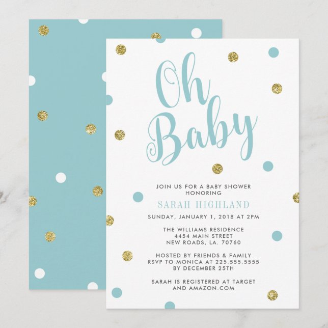 Blue & Gold Glitzer Oh Baby Dusche Einladung (Vorne/Hinten)