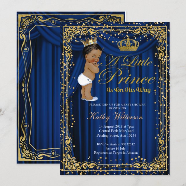 Blue Gold Glitzer Prince Baby Dusche einladen Einladung (Vorne/Hinten)