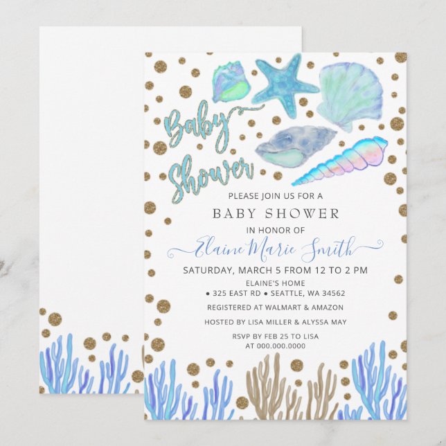 Blue Gold Glitzer Seashells Sea Beach Baby Dusche Einladung (Vorne/Hinten)
