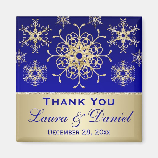 Blue, Gold Glitzer Snowflakes Gastgeschenk Hochzei Magnet (Vorne)