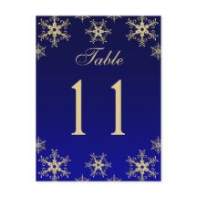 Blue, Gold Glitzer Snowflakes Tischnummer Card