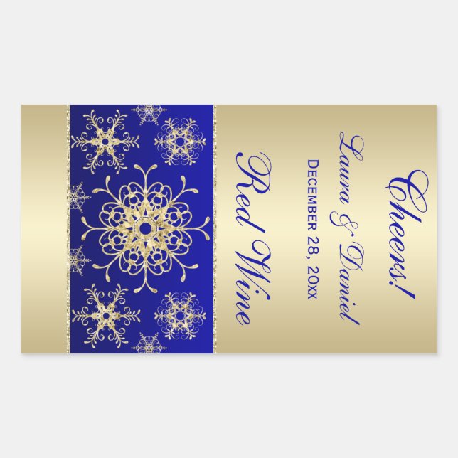 Blue, Gold Glitzer Snowflakes Weinetikett Rechteckiger Aufkleber (Vorderseite)