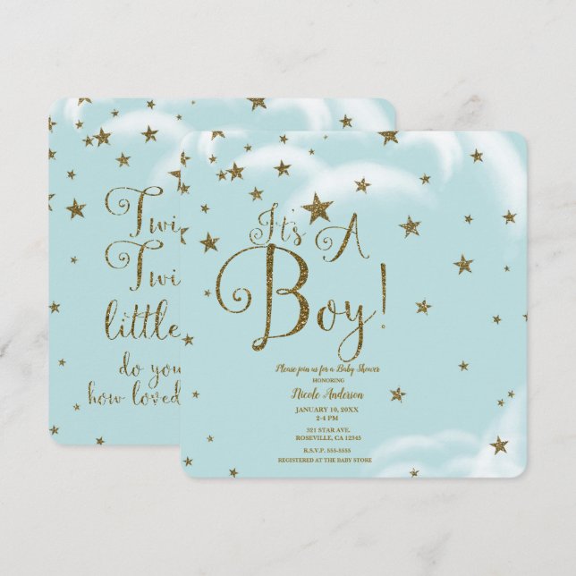Blue & Gold Glitzer Stars Es ist eine Kinderdusche Einladung (Vorne/Hinten)